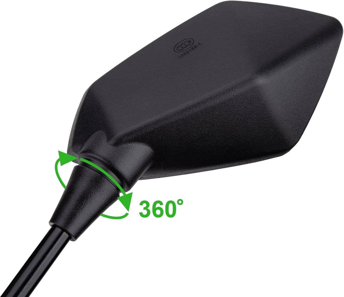 Black motorcycle rear-view mirror with 360° adjustment at ball joint