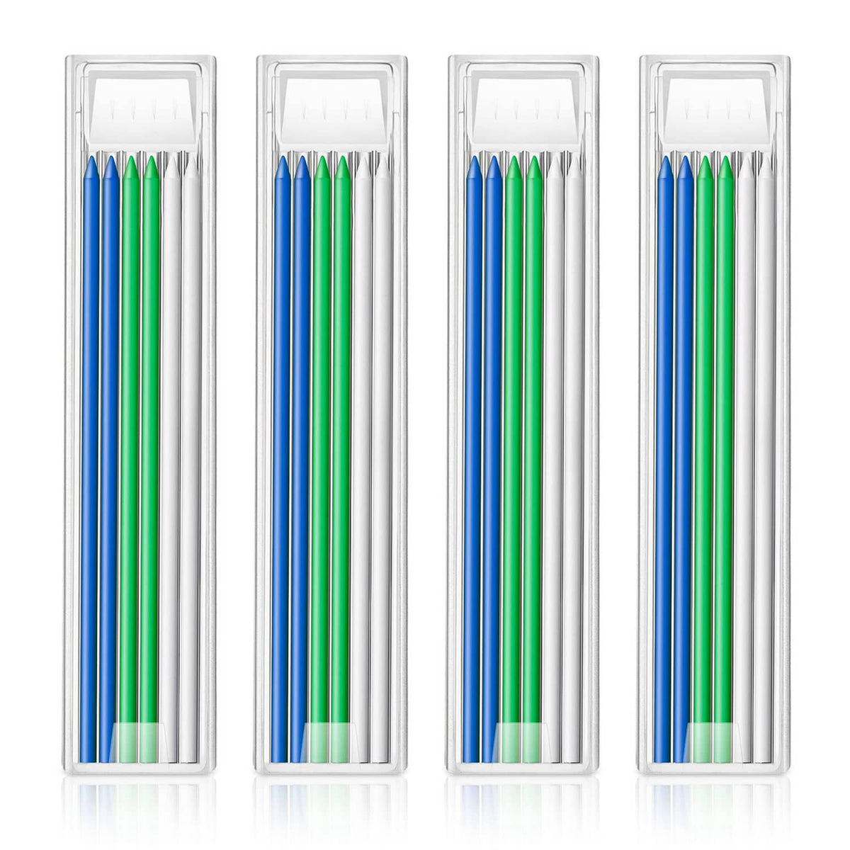 HB pencil lead refills, blue and green, in clear storage cases