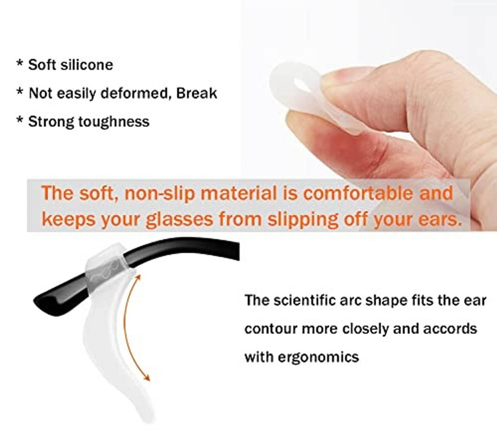 Hand holding a white soft silicone eyeglass ear hook, curved anti-slip shape