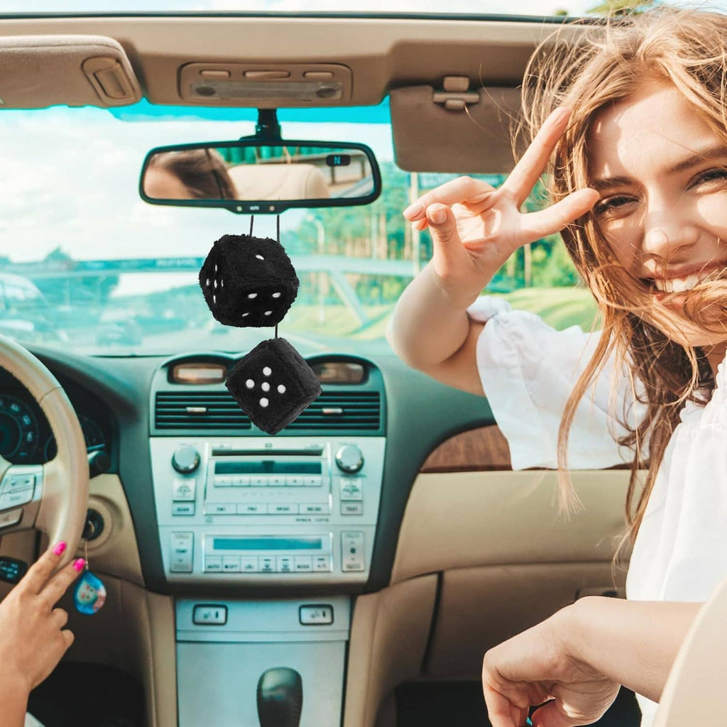 Pair of black fuzzy dice with white dots, hanging from car mirror inside the vehicle