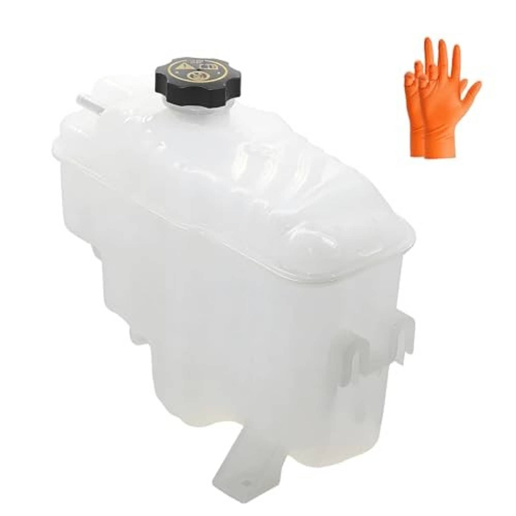 Translucent white coolant overflow reservoir tank with black cap and sensor, angled view