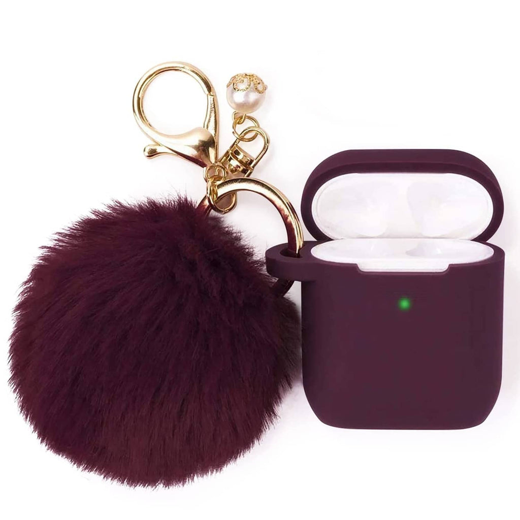 Silicone wireless earbud case cover with keychain and dark maroon fuzzy pom-pom