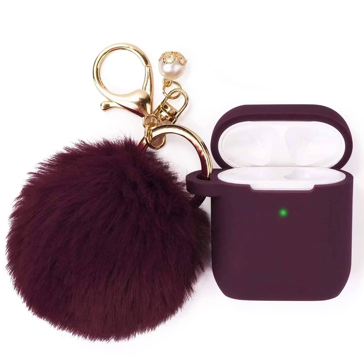 Silicone wireless earbud case cover with keychain and dark maroon fuzzy pom-pom
