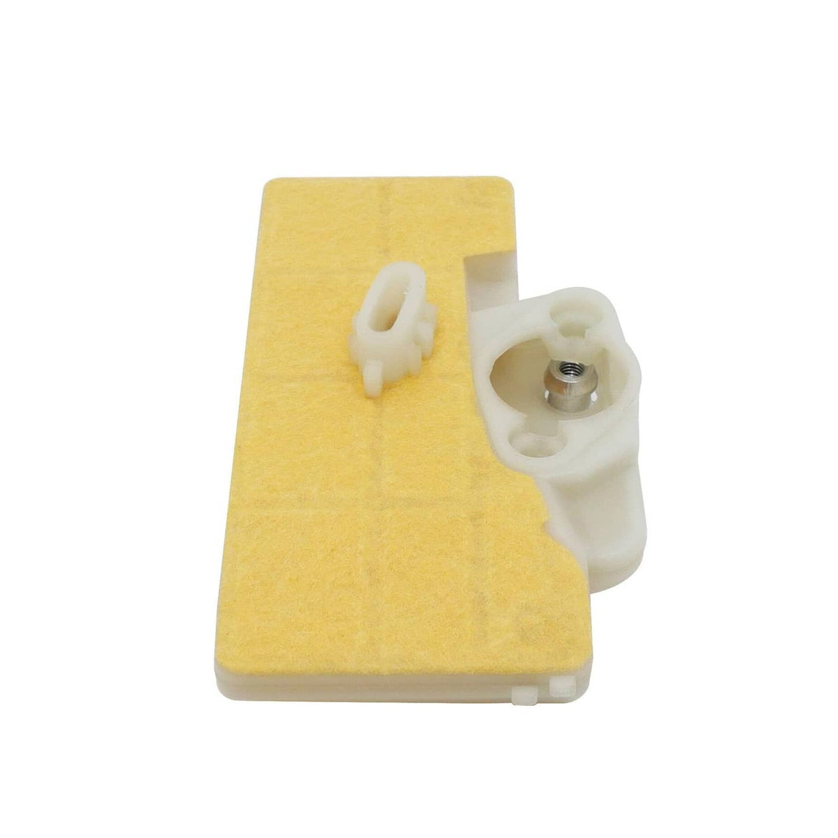 Air filter cleaner with yellow foam pad and white plastic backplate with tab