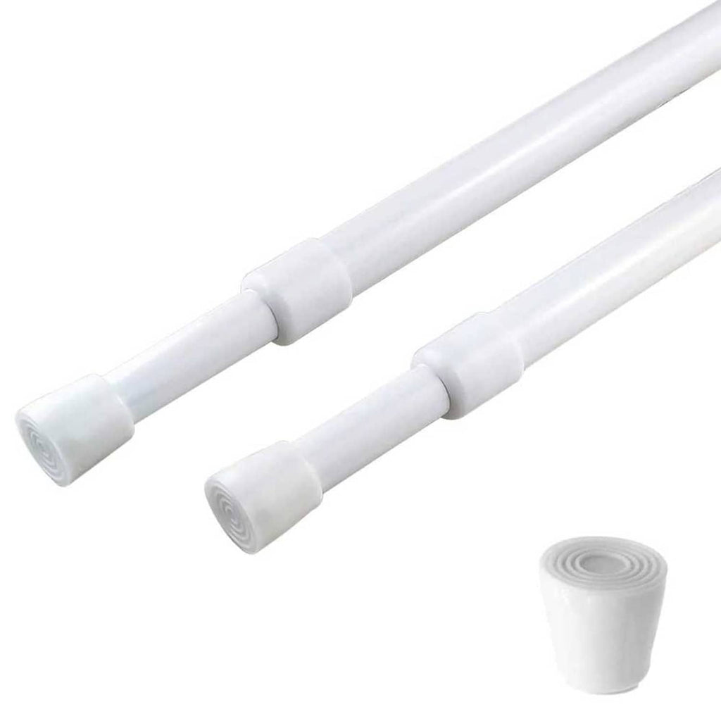 White tension curtain rod ends and spring mechanism, adjustable length