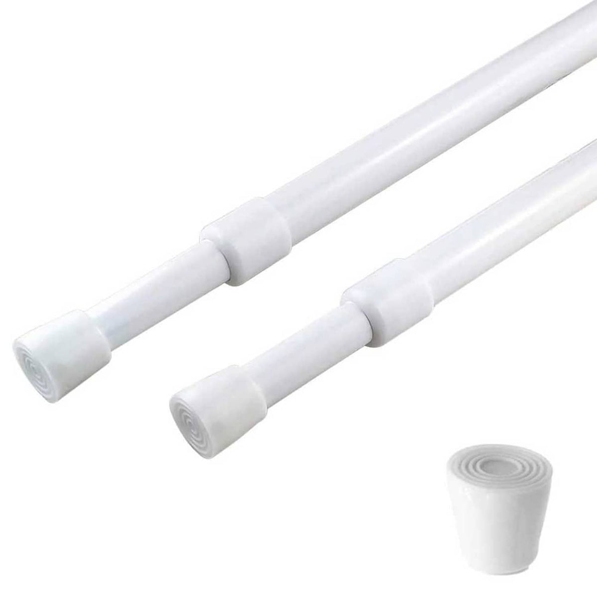 White tension curtain rod ends and spring mechanism, adjustable length