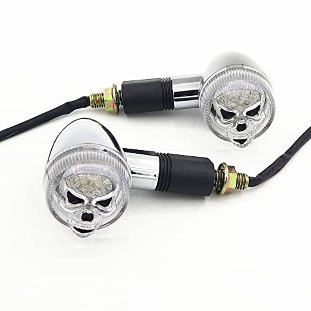 Skull turn signal light set with clear round lenses, chrome metal bodies, black wires