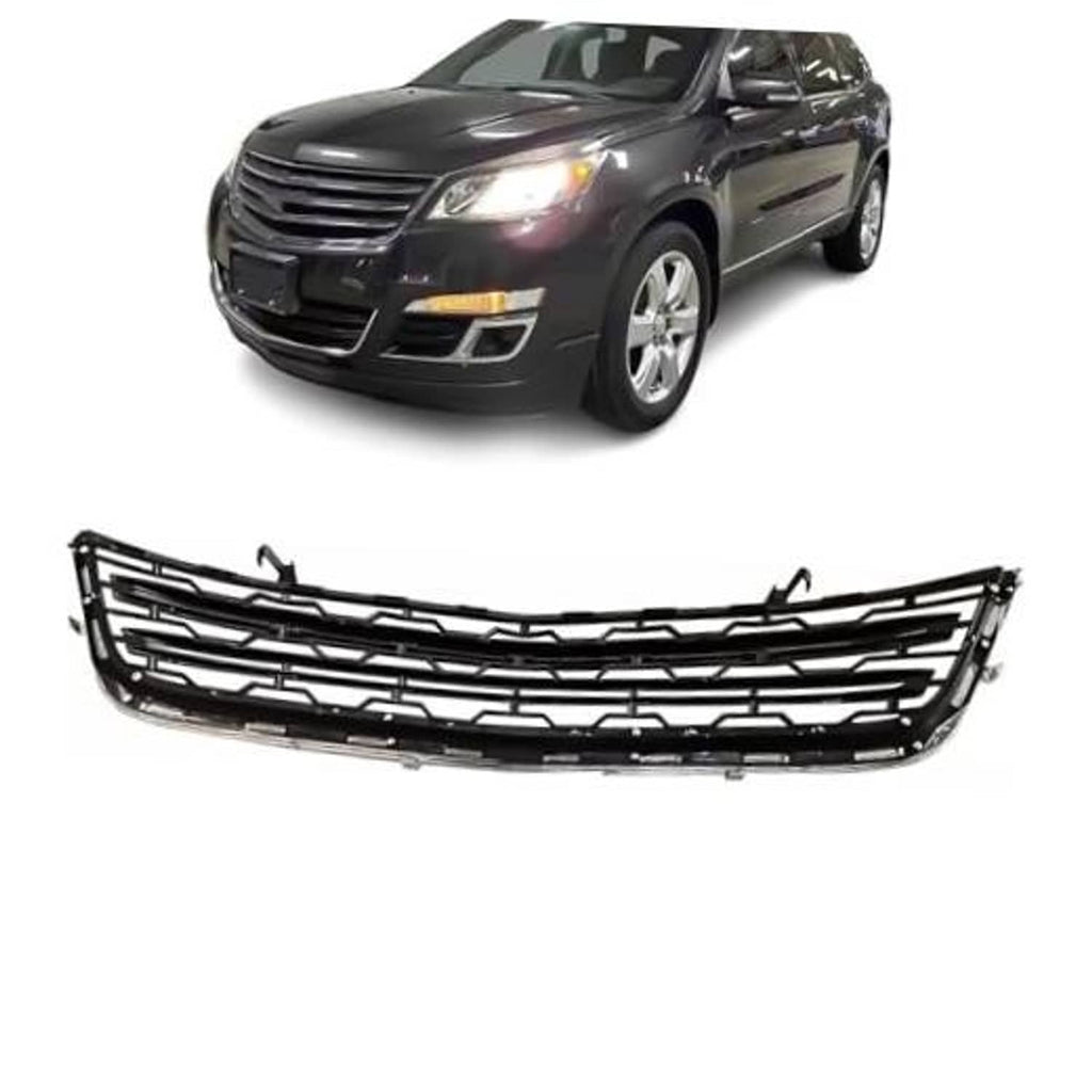 Front bumper lower grille with black mesh slats and chrome trim, car grille insert