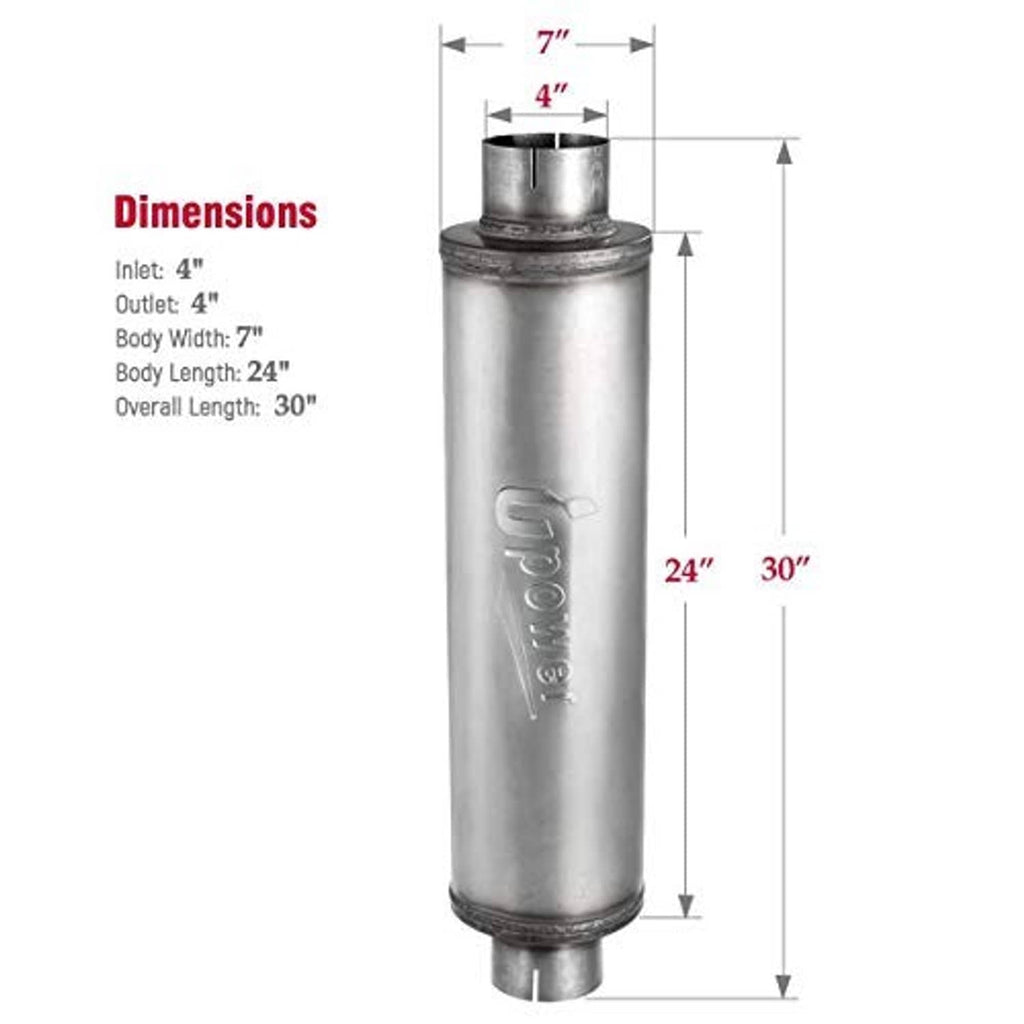 Stainless steel exhaust muffler with overall length and inlet/outlet size diagram