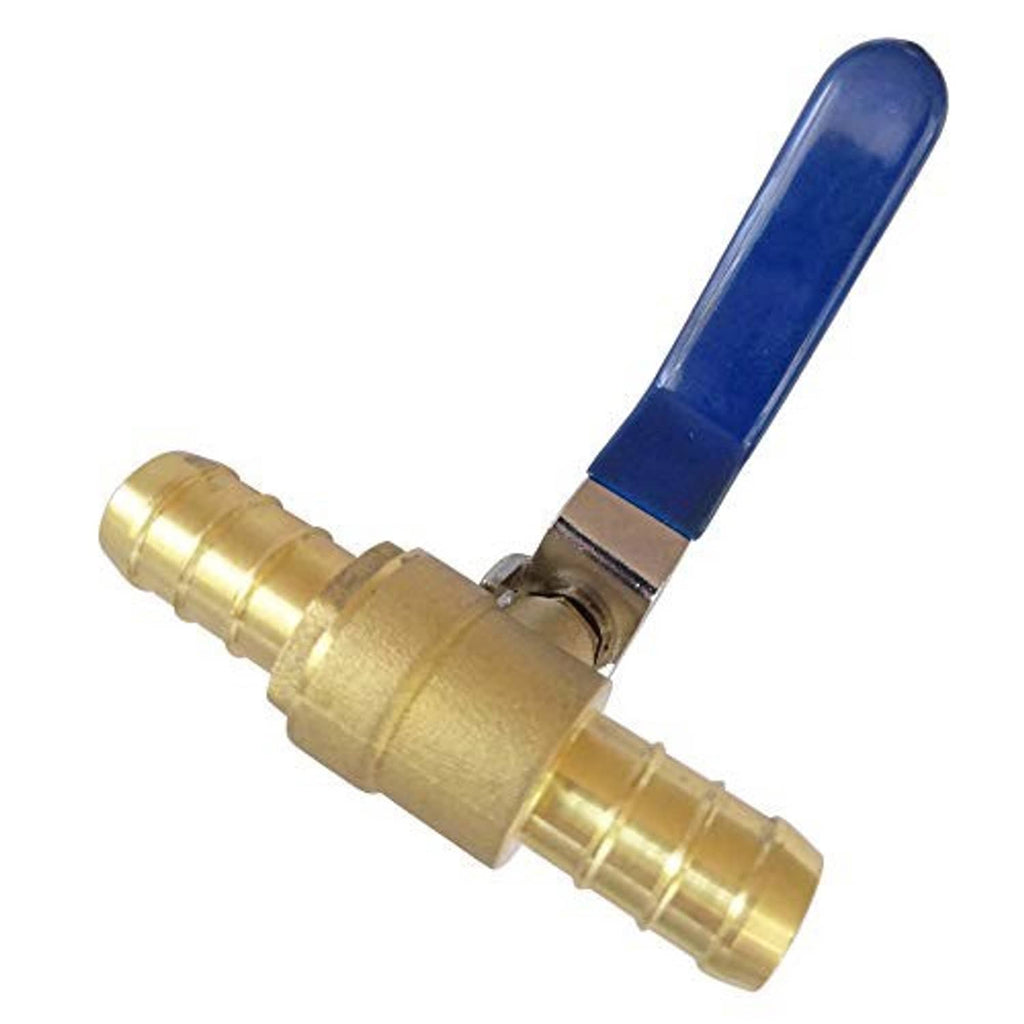 Brass ball valve hose shut-off with blue lever and two barbed hose connectors