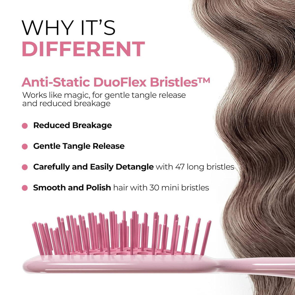 Mini detangler brush with pink bristles on light pink cushion pad