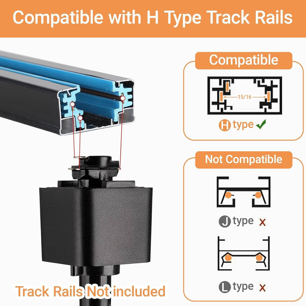 Black H-type track lighting head connector with seeded glass shade, end-on view