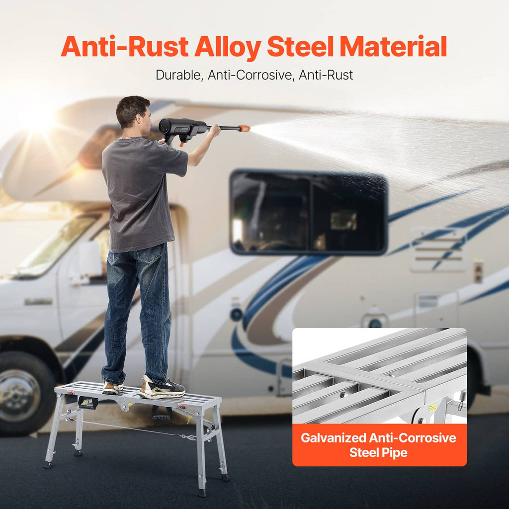Portable scaffolding platform with anti-rust alloy steel frame and tool-ready work surface