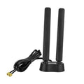 Tri-band magnetic WiFi 6E antenna with 2 black rods, base, and attached coax cable