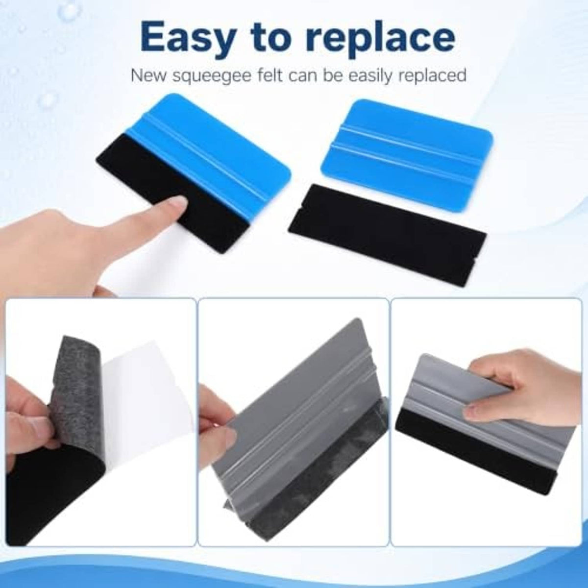 Replaceable felt squeegee pads with blue and gray handles and black edges