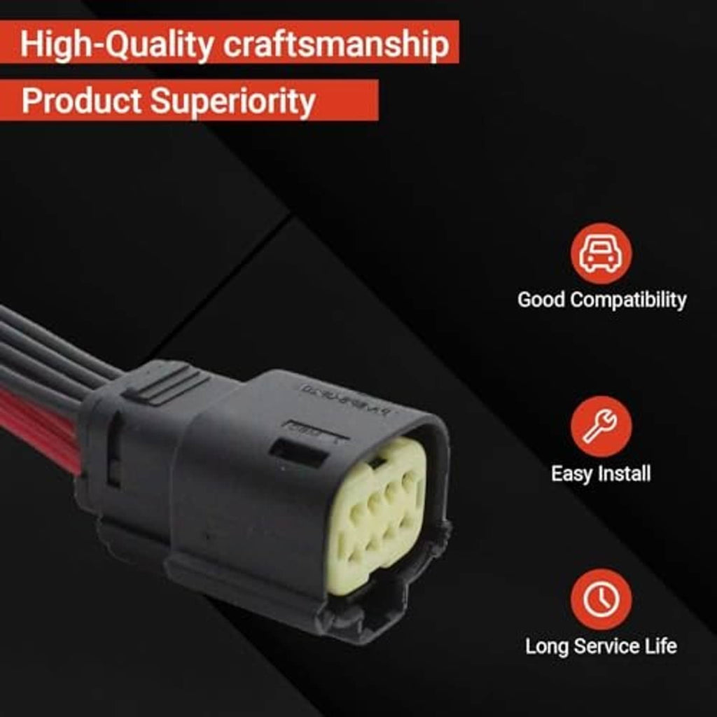 Headlight wiring harness connector with black body and red/black wire leads