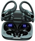 Black wireless in-ear earbuds in open charging case with blue LED indicators