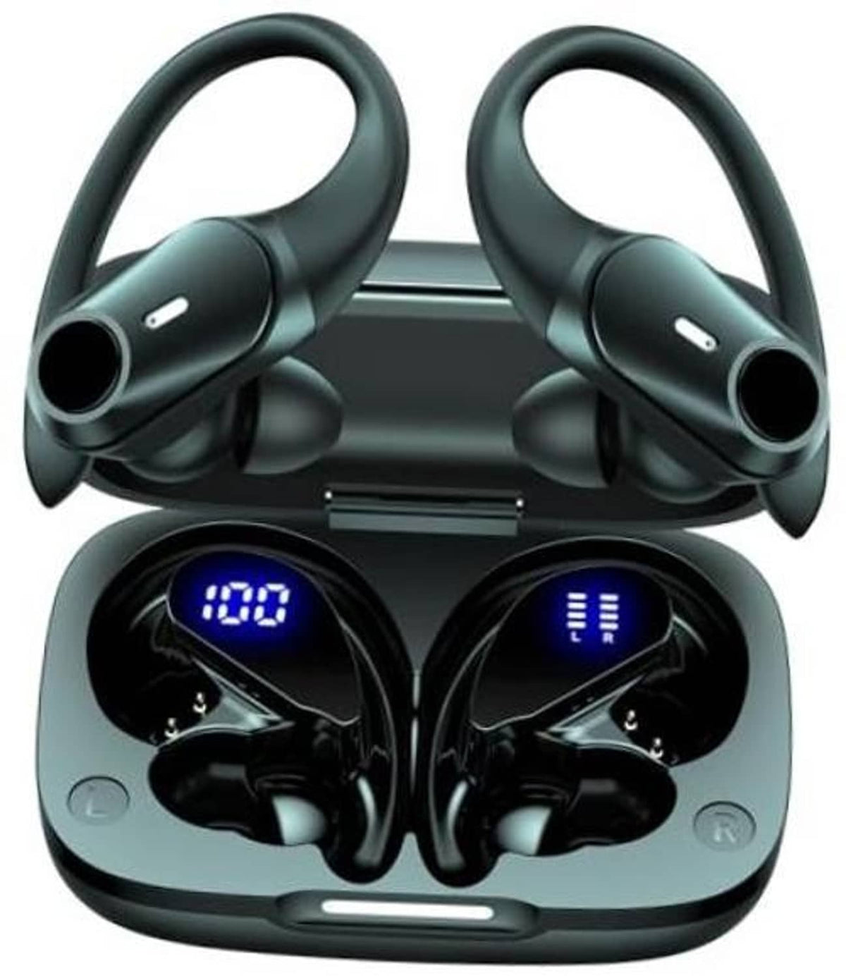 Black wireless in-ear earbuds in open charging case with blue LED indicators