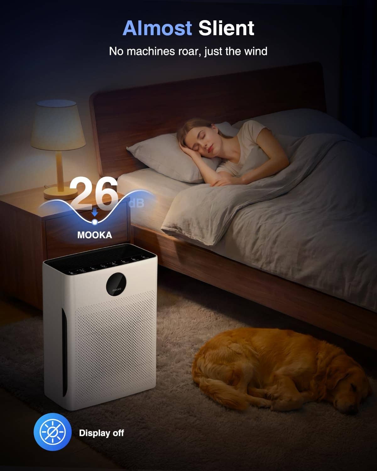 White MOOKA air purifier with quiet mode and 26h display indicator