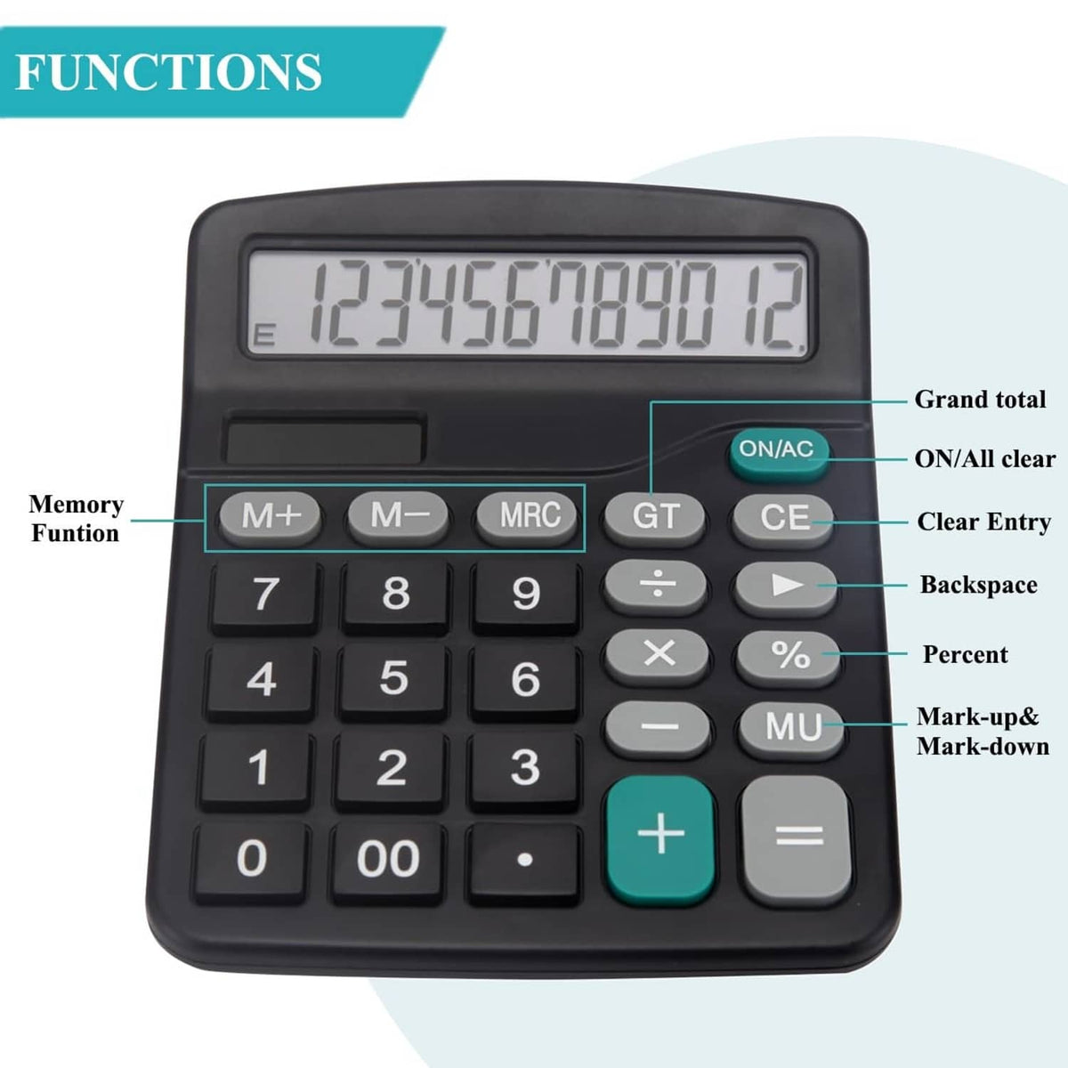 Black desk calculator front view with large LCD display and function buttons