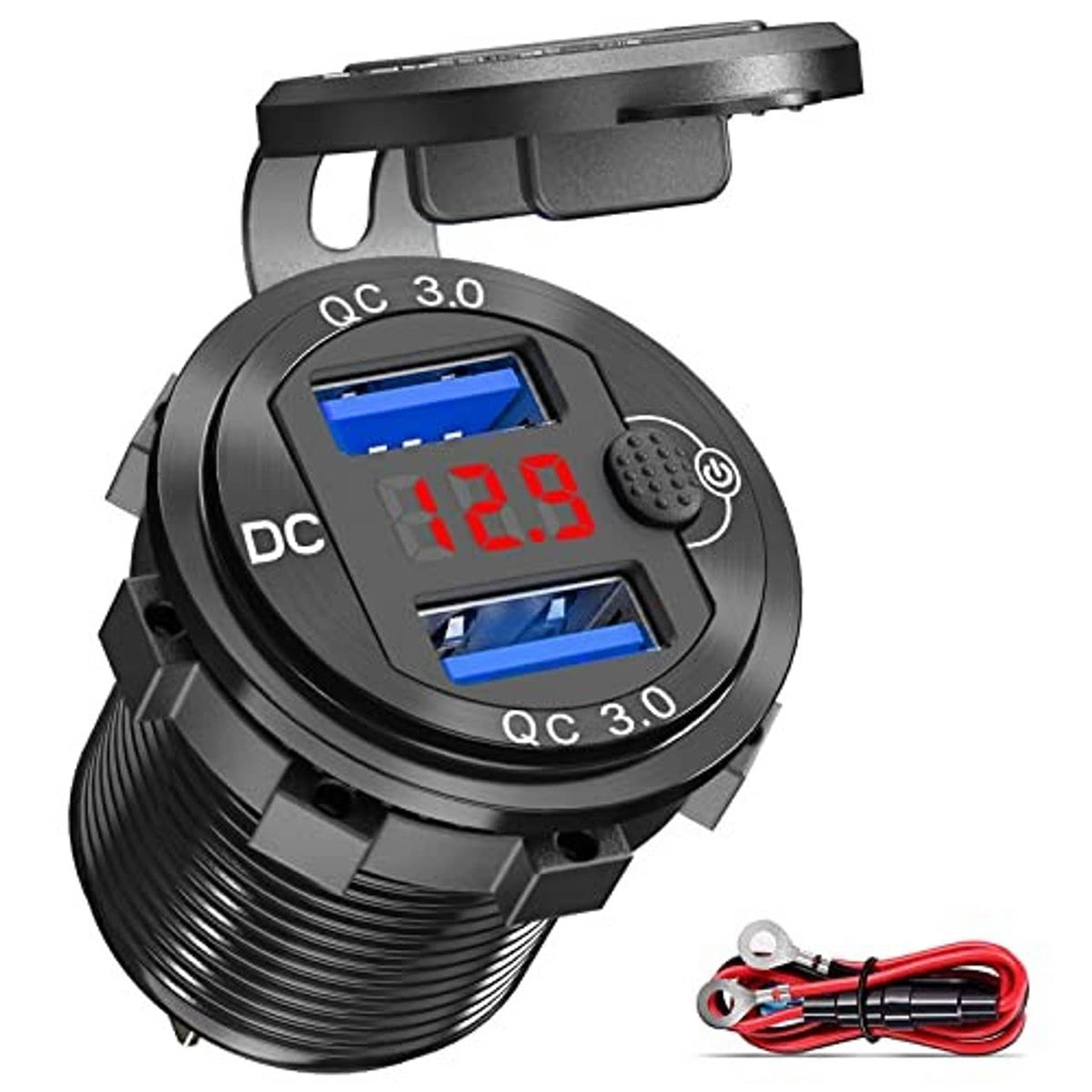 Dual QC 3.0 USB car charger with red LED voltage readout 12.9, black design