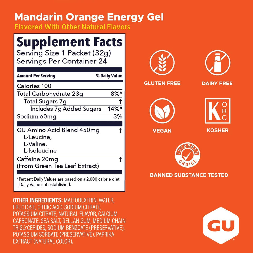 Orange GU energy gel supplement facts panel with serving and ingredient details