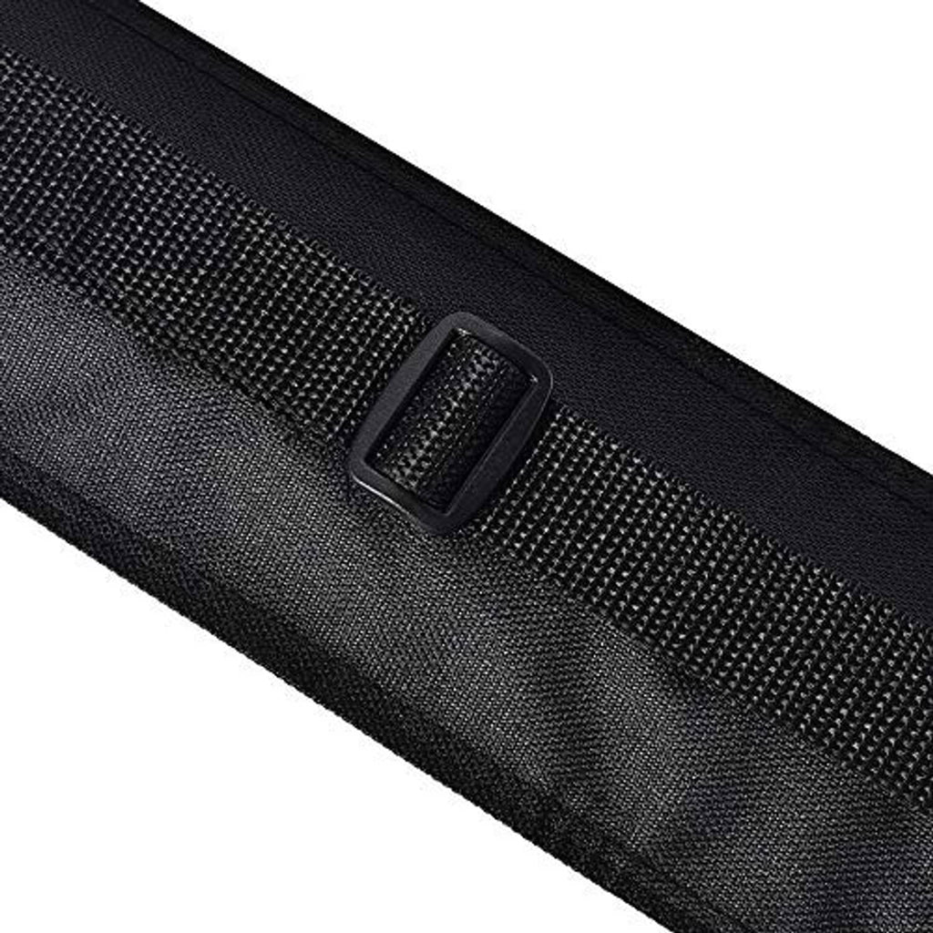 Black cue case with adjustable webbing strap and square label patch.