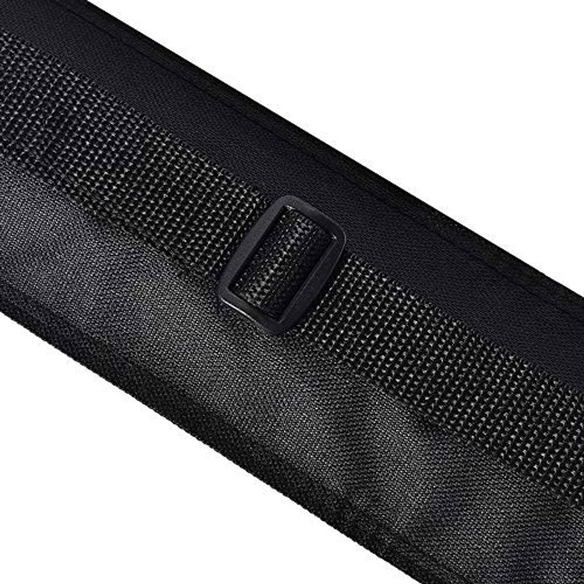 Black cue case with adjustable webbing strap and square label patch.