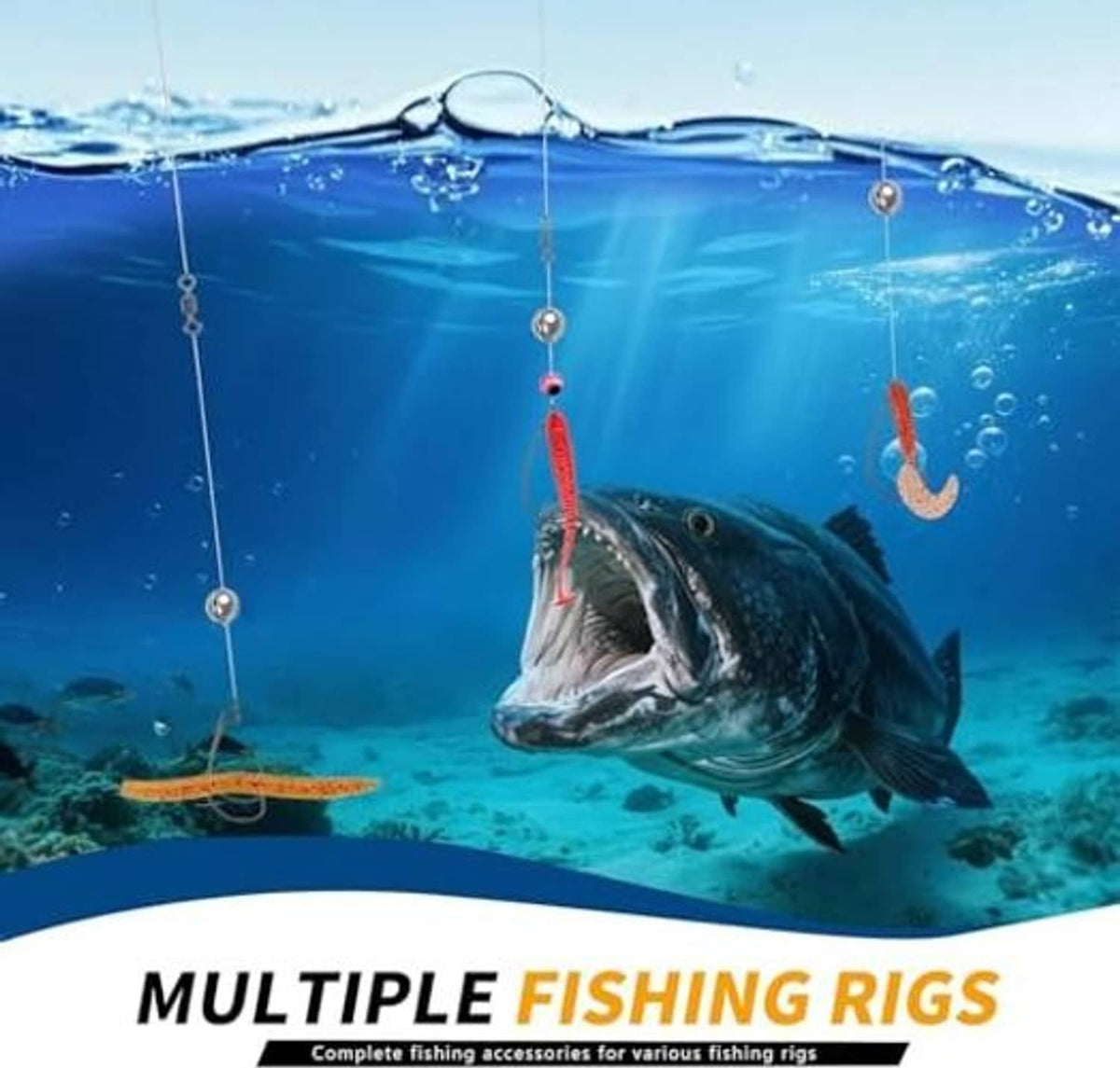 Multiple fishing rigs with bait hooks and lures hanging in open water