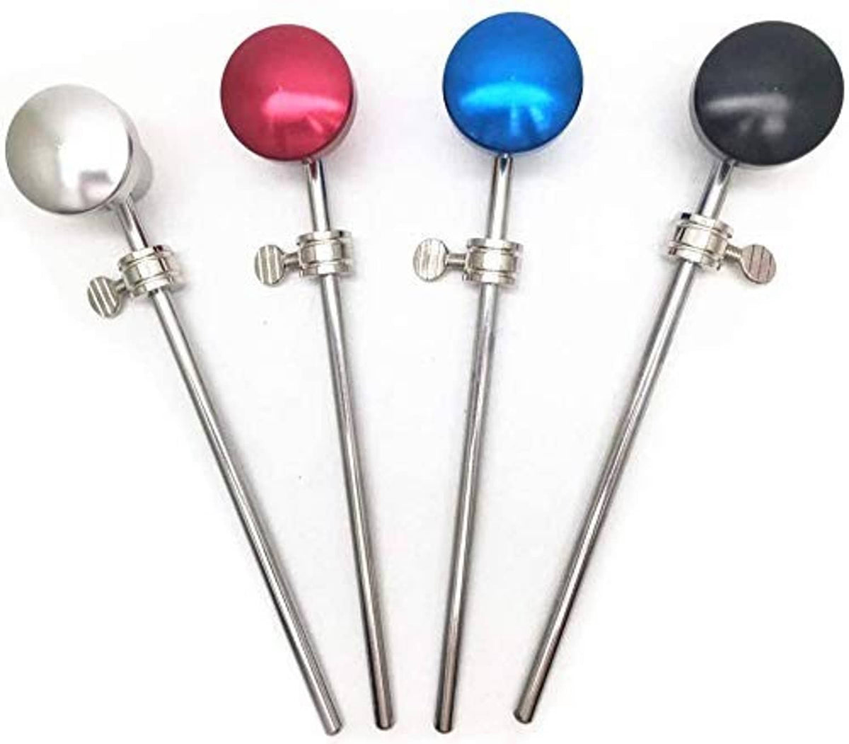 Bass drum pedal beaters with silver, red, blue, and black round heads on chrome shafts