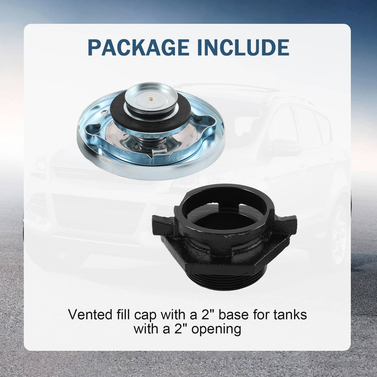 Vented fill cap kit: round metal cover and black threaded neck insert