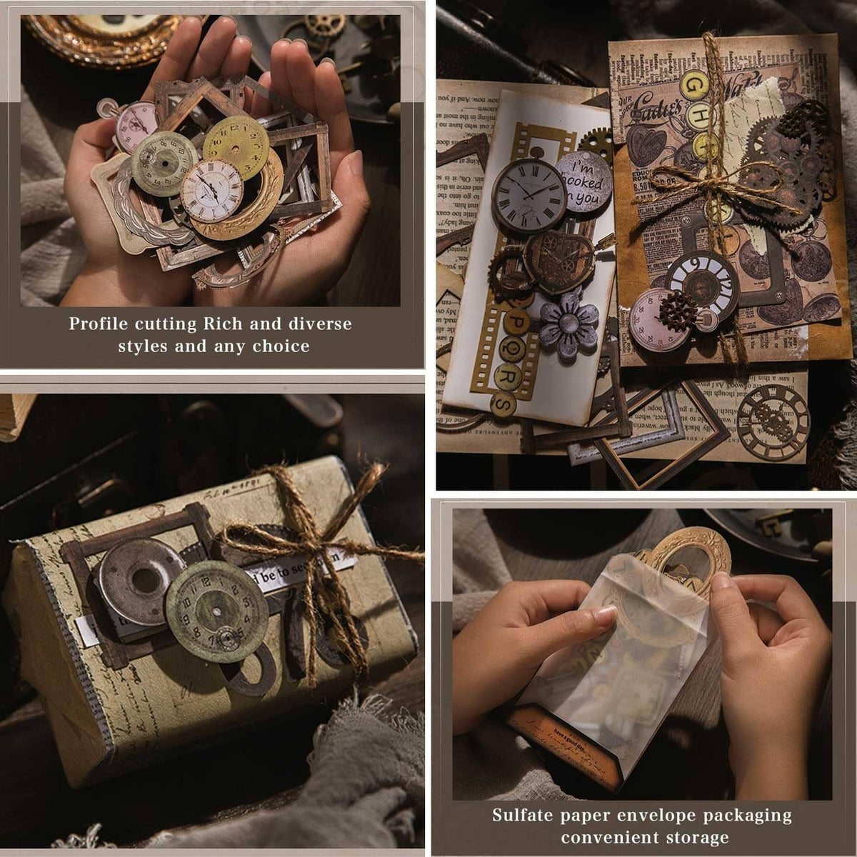 Steampunk junk journal bronze embellishment cards, tags, and envelopes for storage