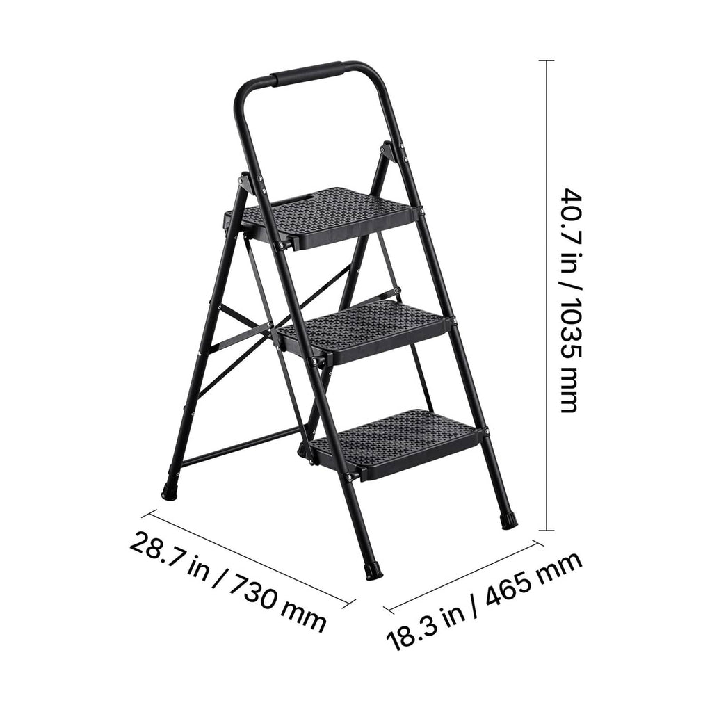 Black 3-step steel ladder with top handgrip and three textured steps, compact build
