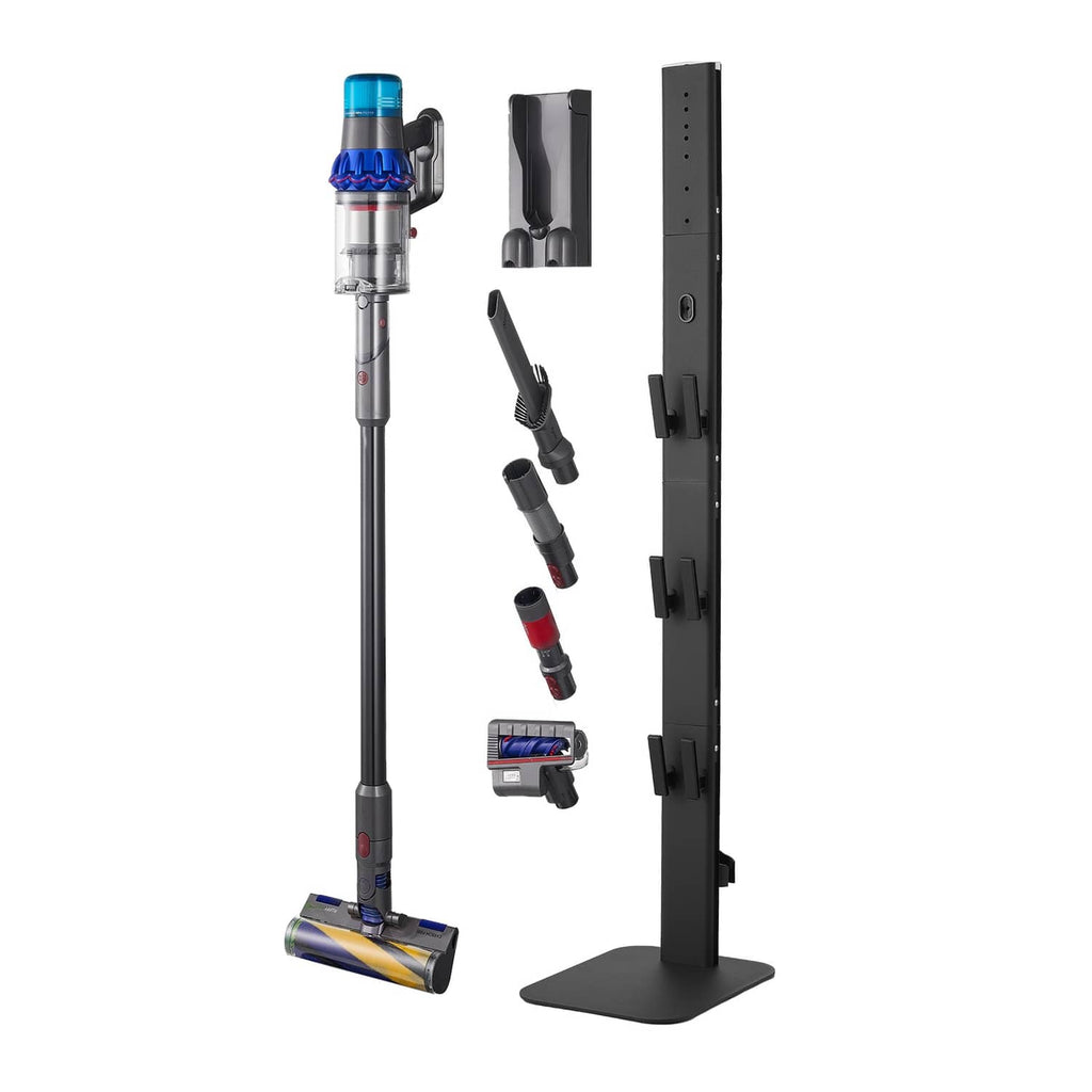 Black vacuum stand and upright vacuum accessories positioned on side hooks and base