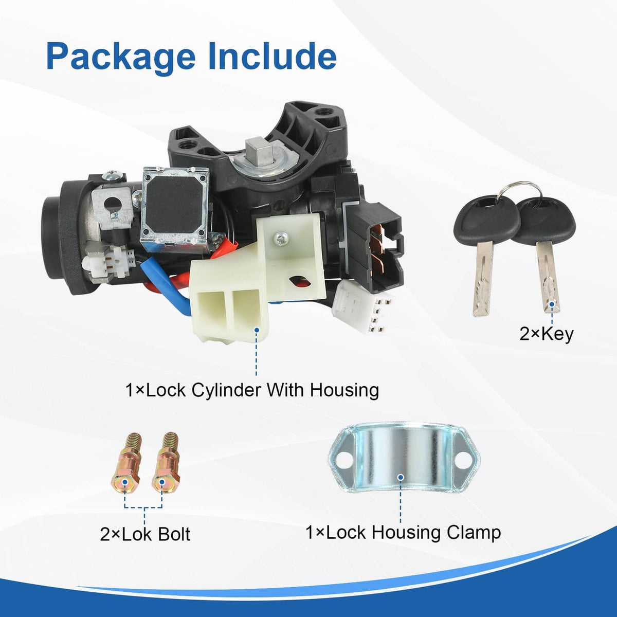 Ignition lock switch assembly bundle with keys, lock housing clamp, and lock bolts