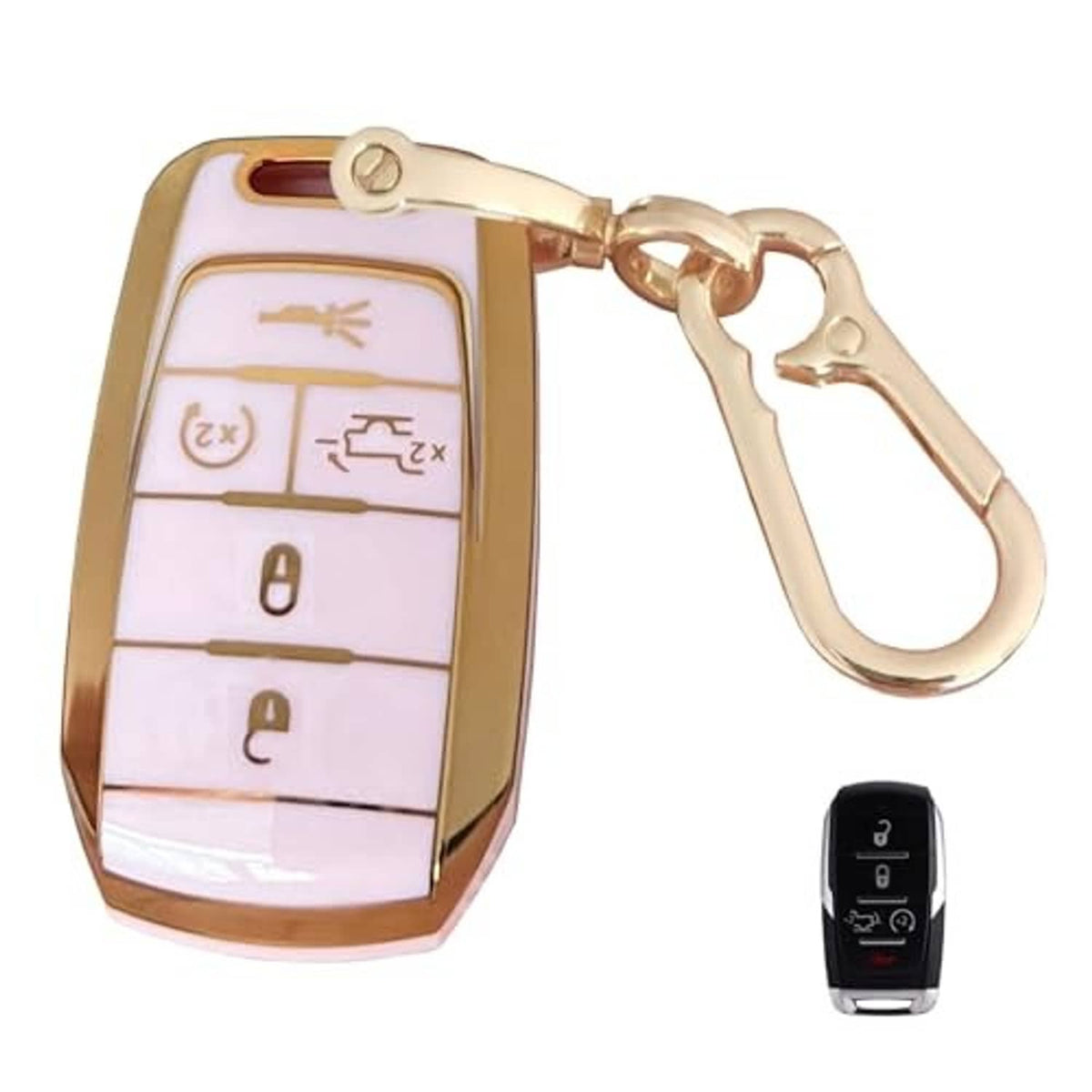Pink key fob cover with gold border and keyring, shown with a black remote