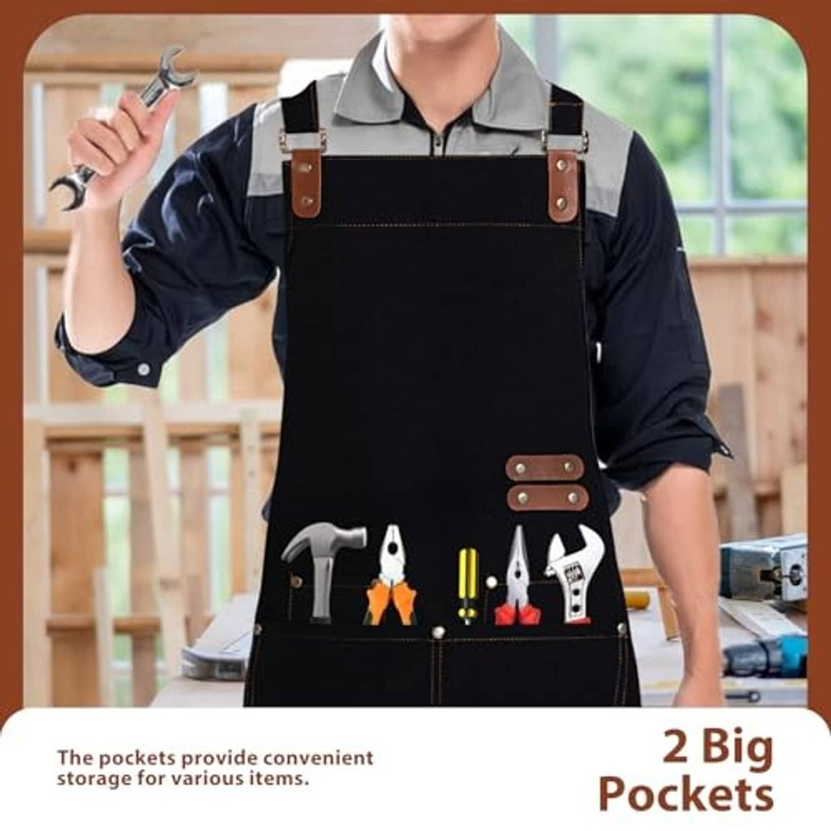 Black chef apron with adjustable straps and two large front pockets for tools