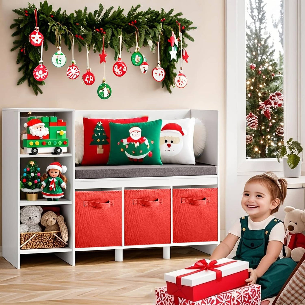 Red fabric storage cube bins with stitched front handles in a shelf organizer