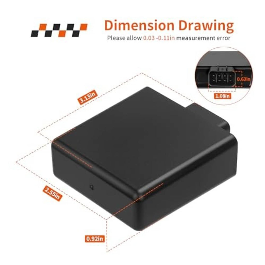 Black CDI ignition control module with dimension drawing overlay