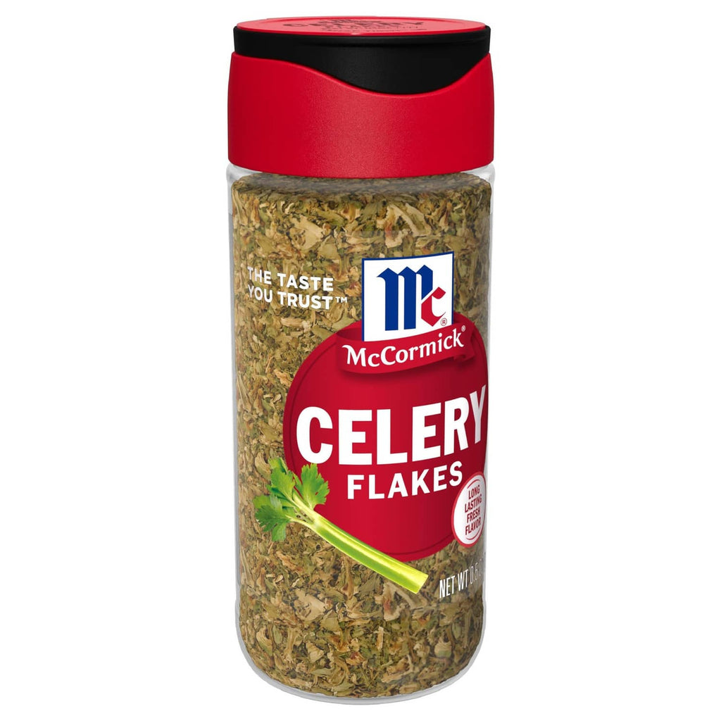 McCormick celery flakes bottle with red cap and green dried seasoning inside