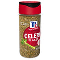 McCormick celery flakes bottle with red cap and green dried seasoning inside