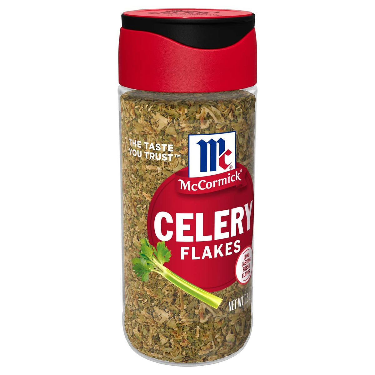 McCormick celery flakes bottle with red cap and green dried seasoning inside