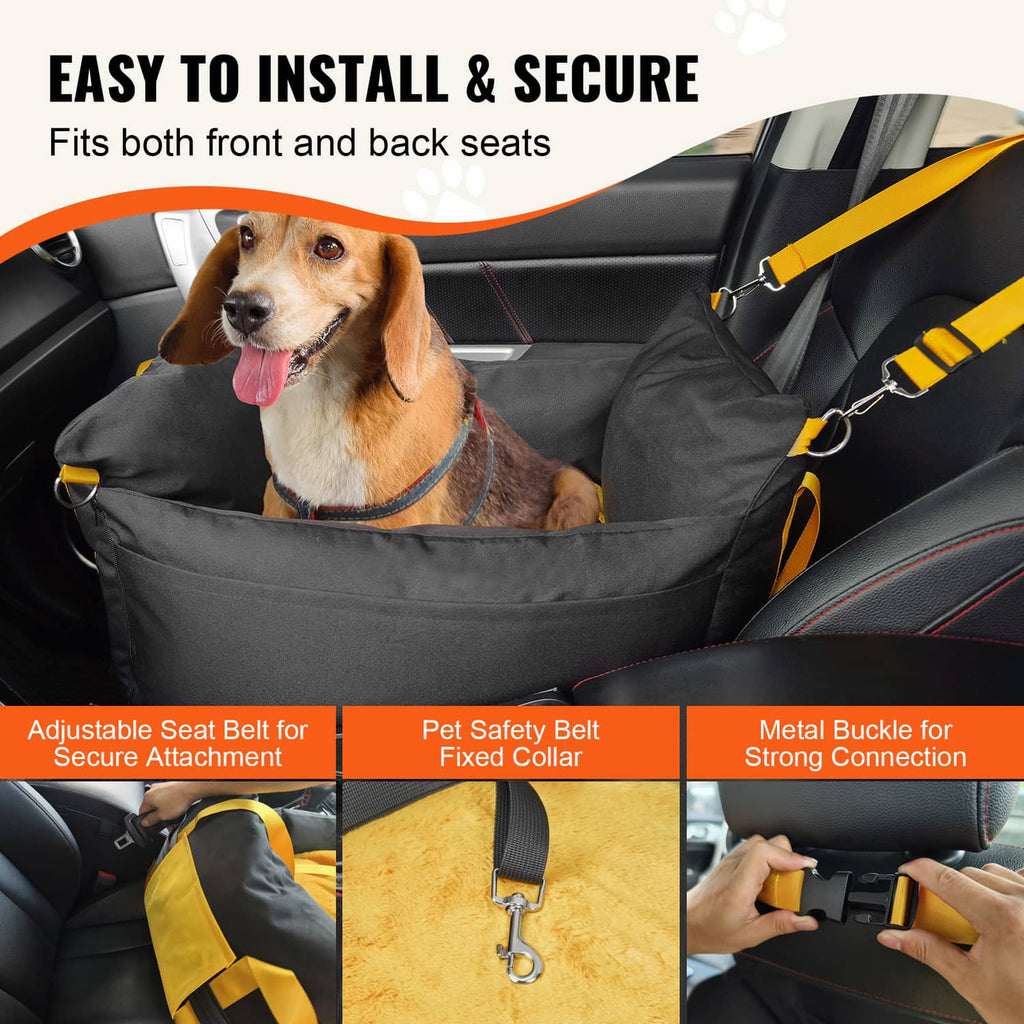 Black and yellow dog booster car seat with adjustable seat belt strap connections