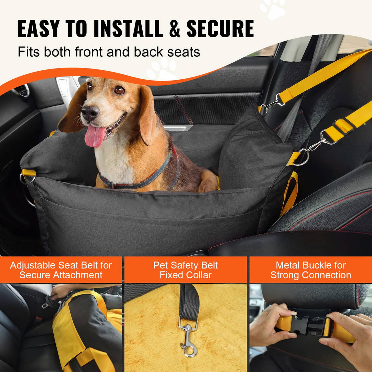 Black and yellow dog booster car seat with adjustable seat belt strap connections