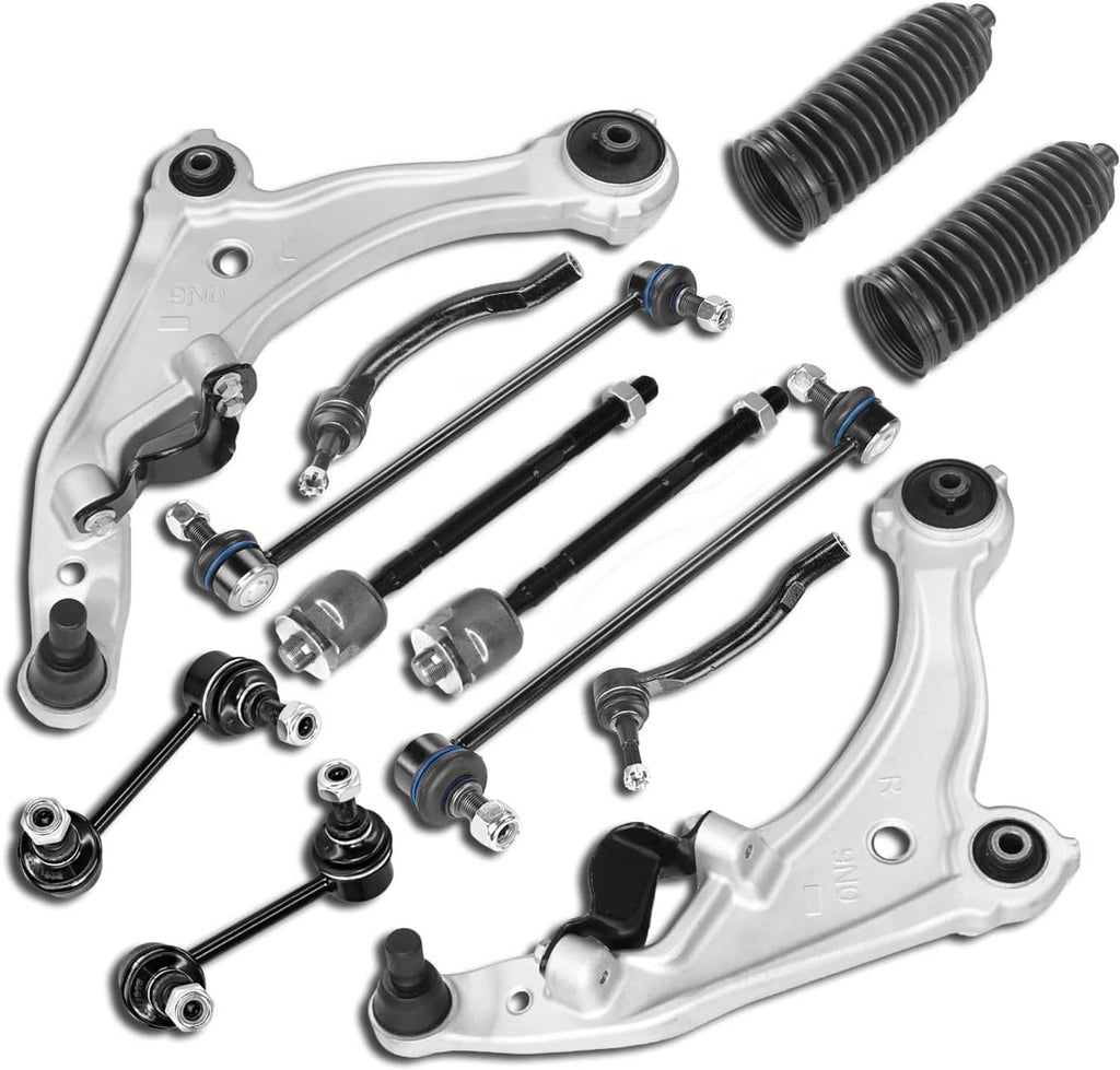 Front suspension control arm, tie rod, and sway bar kit with bushings and hardware