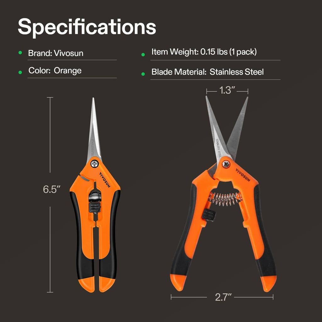 Orange pruning shears with stainless steel blades and spring mechanism, front and back views