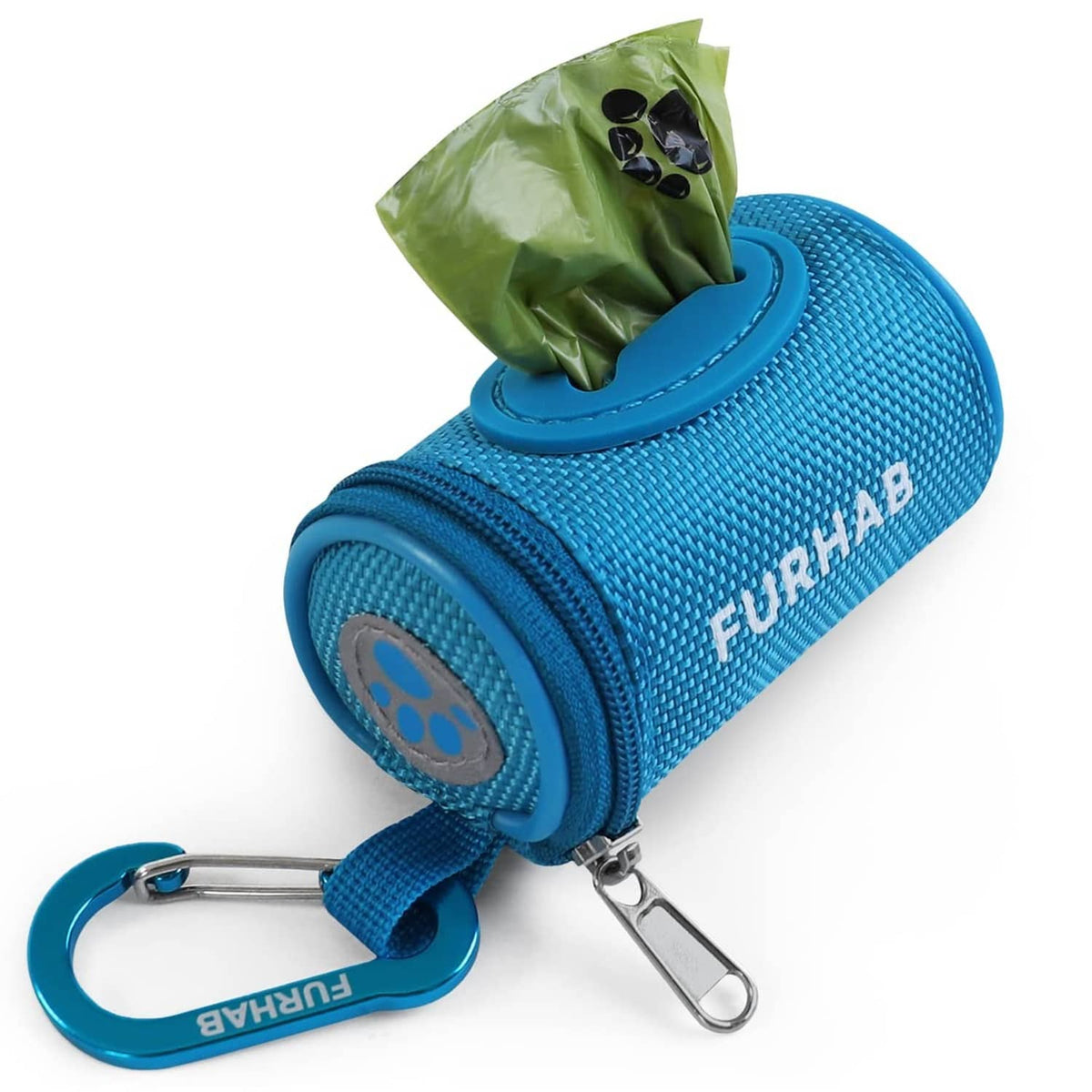 Sky blue FURHAB dog poop bag holder with metal clip and green bag roll