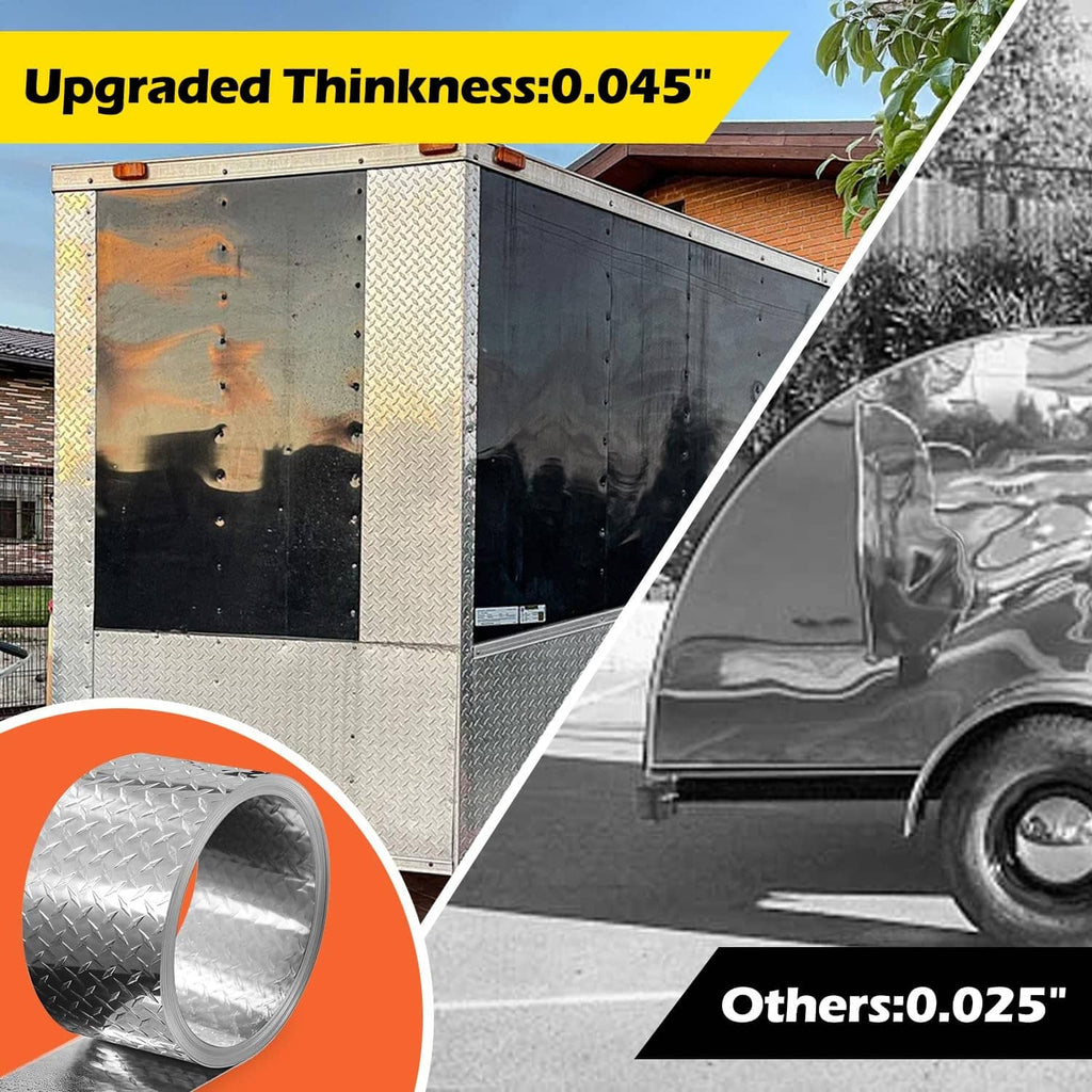 Silver diamond plate aluminum sheet panel beside a rolled section with diamond tread