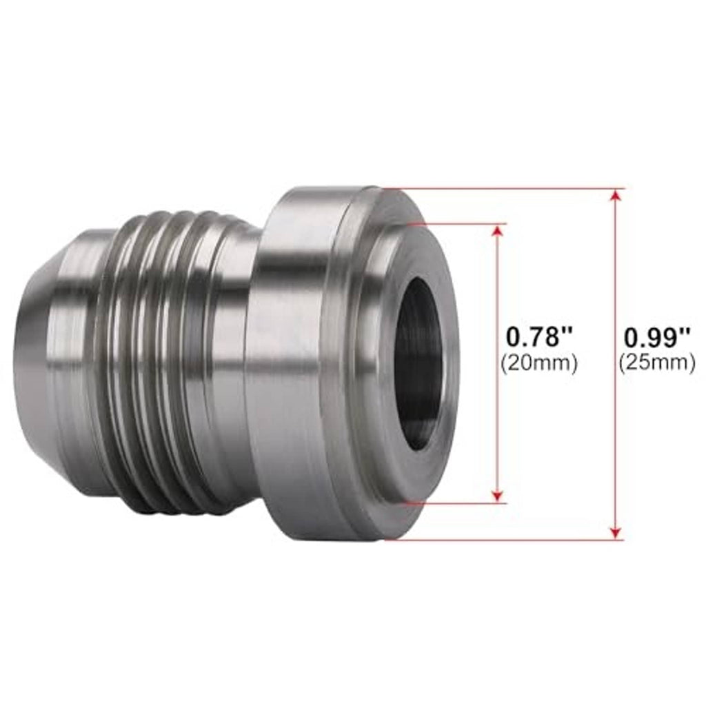 Steel 10AN male weld-on bung adapter, size 20mm/25mm shown, threaded, open bore