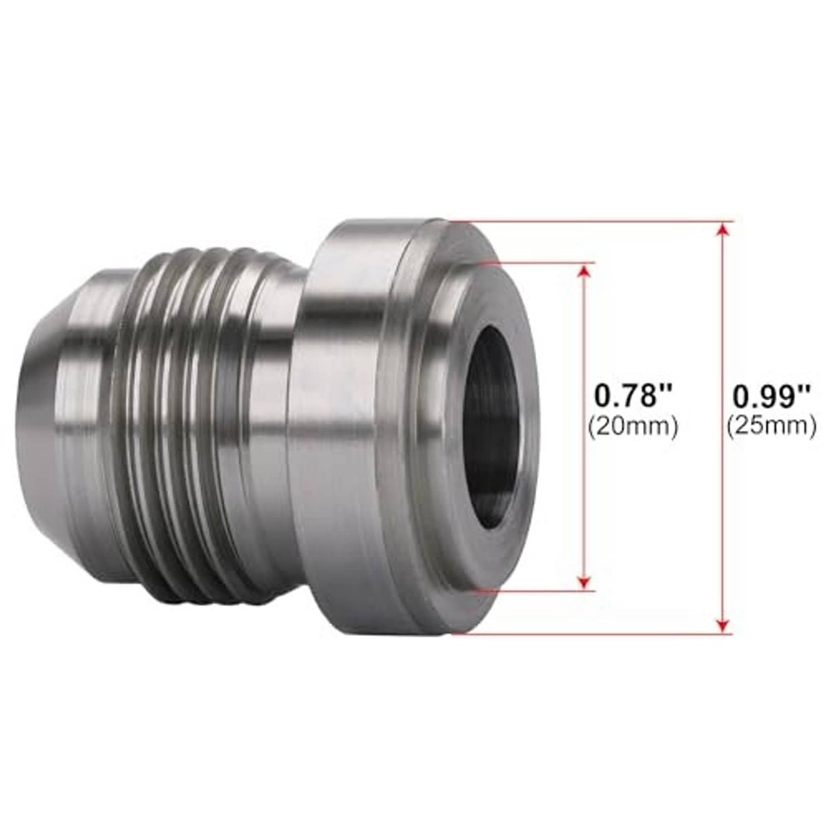 Steel 10AN male weld-on bung adapter, size 20mm/25mm shown, threaded, open bore